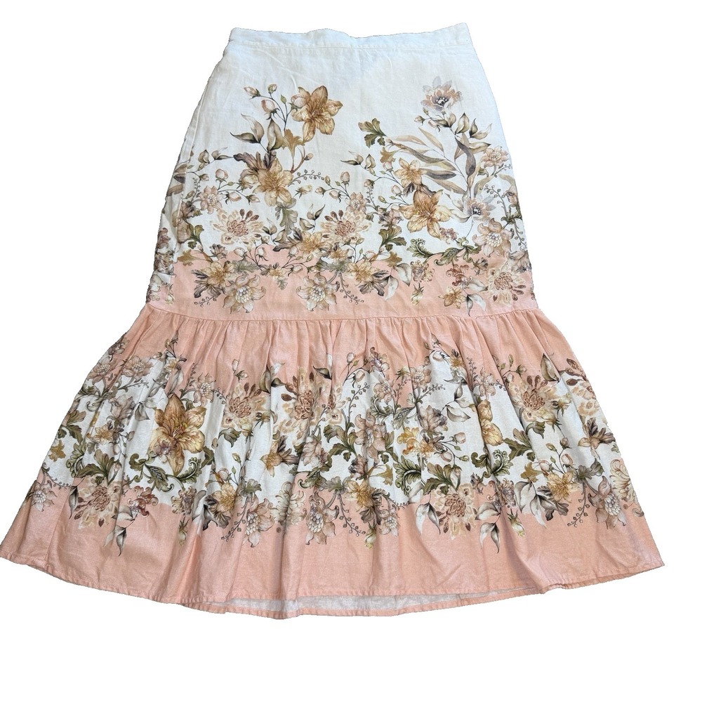 Calypso St Barth Womens 8 Linen Floral Maxi Skirt Ruffle